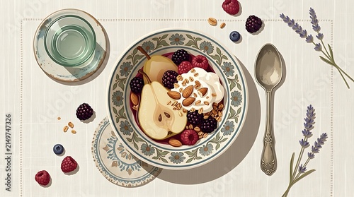 Artistic flat lay of pear and berry yogurt breakfast