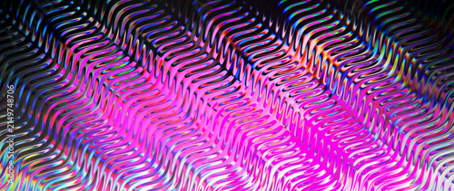 Abstract iridescent wavy ridges with vibrant pink and holographic light