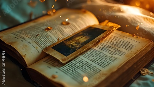 Ancient open book with an old diner bookmark card resting between its pages, illuminated by warm golden sparks and atmospheric light, evoking forgotten memories, history, storytelling and nostalgia.