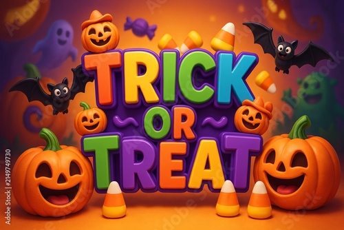 Obraz w ramie Halloween illustration set, trick or treat pumpkins ghosts candies bats festive vector artwork