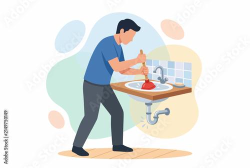 Man Fixing Clogged Bathroom Sink With Plunger Vector Illustration