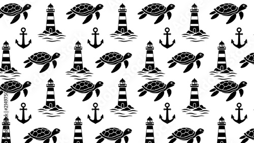 Marine pattern with lighthouse anchor and sea turtle silhouettes for coastal decoration and fabric print vector.