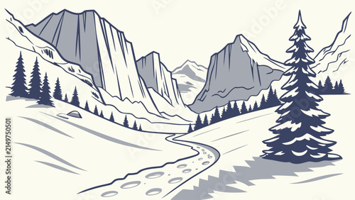 Mountain valley landscape sketch with pine trees and winding path, mountain