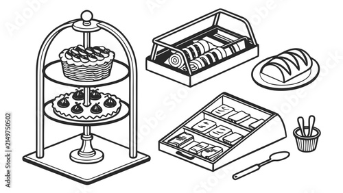 Bakery display assortment line art illustration with illustration, confectionery