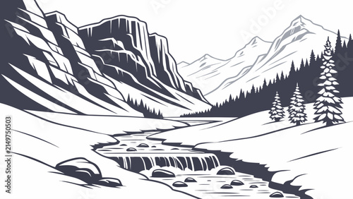 Mountain stream landscape with river and pine forest mountain landscape