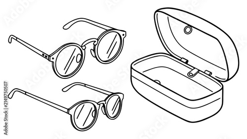 Set of eyeglasses and protective carrying case graphic icons with eyeglasses