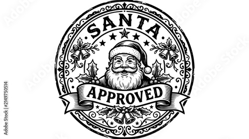 Vintage santa approved stamp vector illustration with santa claus face and festive christmas bells decoration.