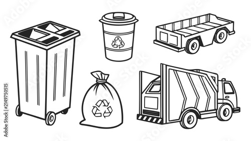 Waste management and recycling collection vector icons with recycling, container