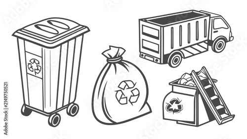 Recycling and waste disposal equipment graphic icons with recycling, container