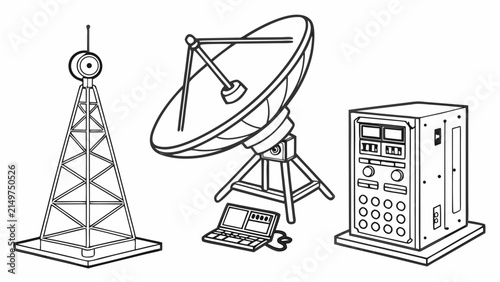 Set of communication and telecommunication equipment line art icons
