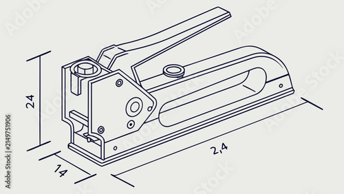 Принти на полотні Technical drawing of a hand staple gun with measurements technical hardware