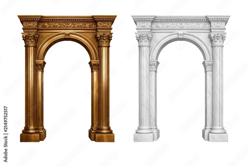 Fototapeta premium Two ornate classical arches, one gold and one white, with intricate details.
