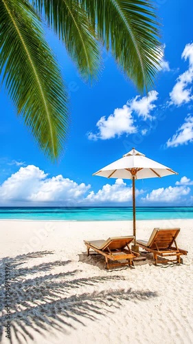 tropical beach with palm trees. Idyllic Tropical Island Resort Beach with Wooden Sunbeds White Parasol Umbrella Coconut Palm Leaves Shadow and Turquoise Ocean Horizon Background