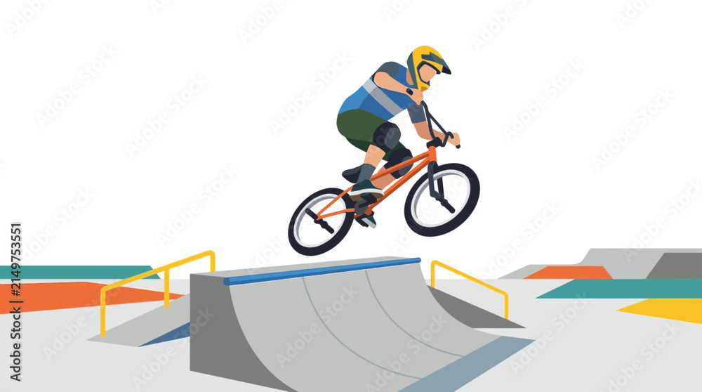 Fototapeta premium BMX Rider Jumps on Ramp in Skatepark