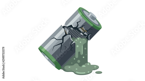 Broken Battery Leaking Green Liquid Isolated