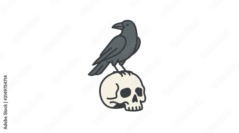 Fototapeta premium Minimalist illustration of a black crow perched on a human skull.