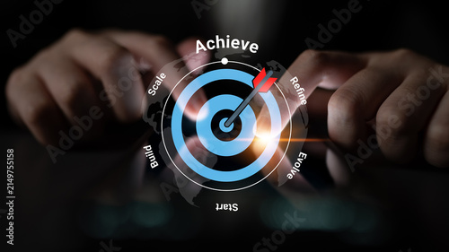 Visual representation of business strategy featuring a target with arrows, emphasizing concepts like achieve, scale, and refine. Perfect for success-oriented projects. Gantry