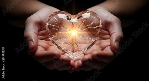 Hands holding a glowing cracked glass heart as a symbol of healing love