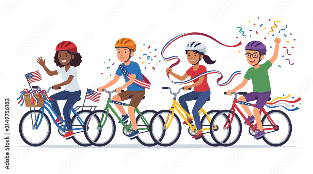 Fototapeta premium Group of Happy Children Riding Bicycles in Parade