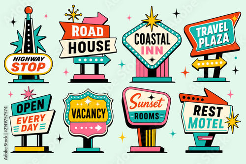 A collection of eight vibrant retro-style motel and roadside signs with neon lights and vintage typography, evoking classic American travel and hospitality.