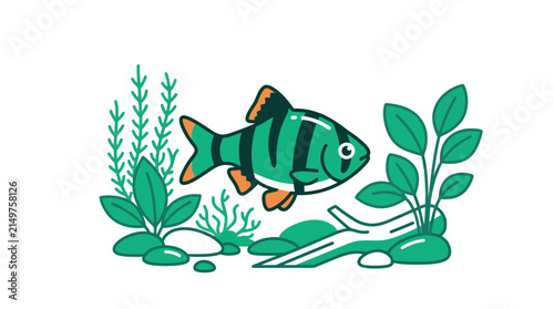 Green striped fish with aquatic plants icon.