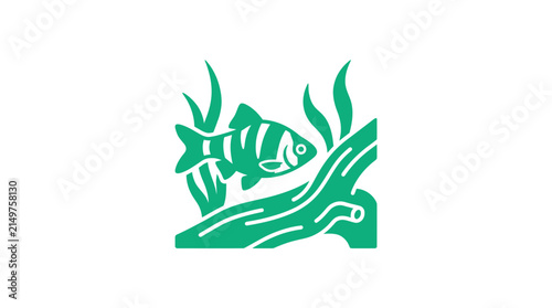 Green fish swimming near underwater driftwood illustration.