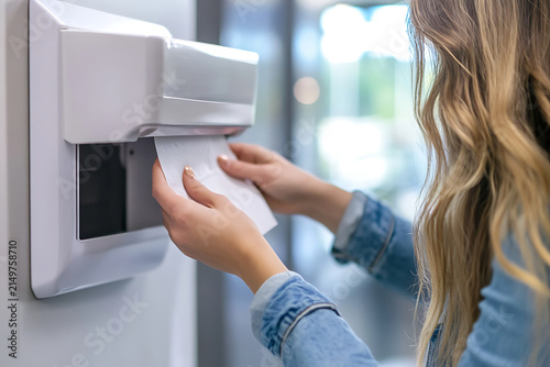 Womans hands taking a paper towel from a modern dispenser in a clean public facility.