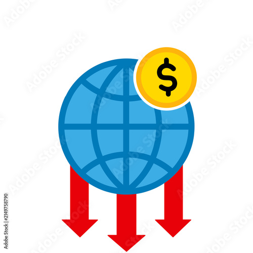Fotografie Global economic crisis concept featuring a globe, money symbol, and red downward arrow representing financial decline and market instability