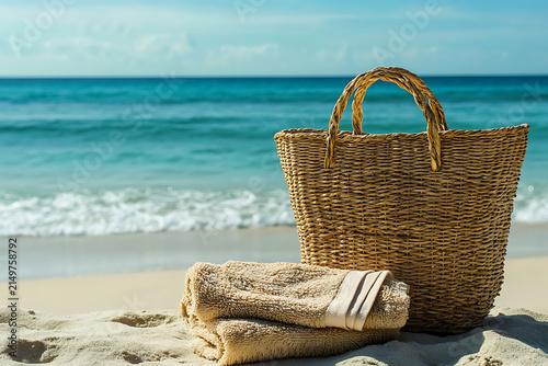 Woven beach bag and folded towel resting on sandy shore beside turquoise ocean waves.