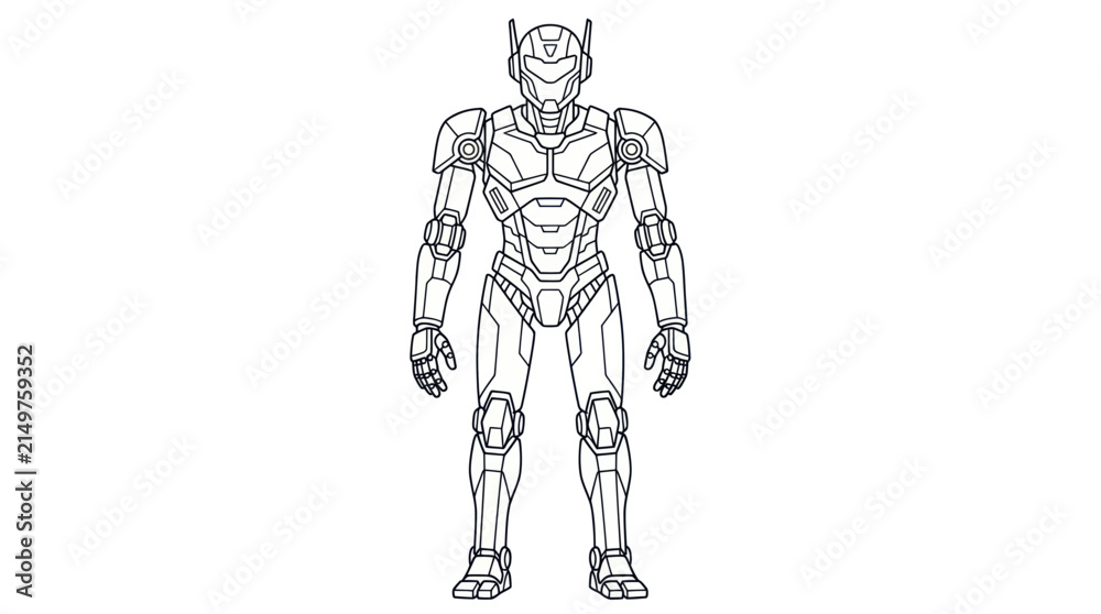 Fototapeta premium Futuristic humanoid mecha warrior line art.