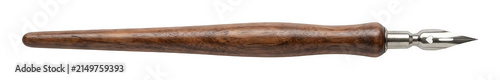 Photography A sleek dark wood calligraphy dip pen featuring a shiny metallic nib positioned