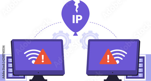 IP Address Conflict System Error Network Issue Vector. A flat vector graphic depicting a broken IP icon between two computers, showing an IP conflict. Excellent for IT troubleshooting guides
