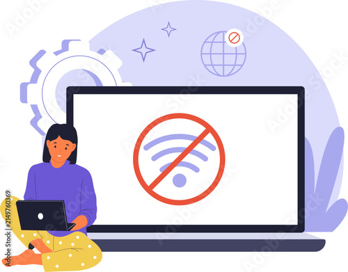 No Wi-Fi Signal Disconnected Network Alert on Computer. A modern flat illustration showing a woman working on a laptop with an offline Wi-Fi symbol. Great for website landing pages and error states
