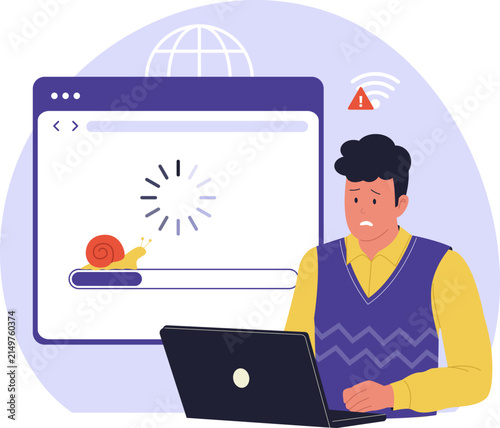 Slow Internet Speed Loading Bar and Snail Icon Concept. A flat conceptual illustration showing a worried man facing a slow loading bar with a snail icon. Great for speed test app interfaces