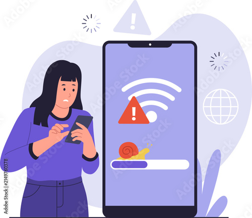 Woman Stressed Facing Slow Internet Speed Phone Connection. A flat illustration depicting a stressed woman using a mobile phone with a slow snail loading bar screen