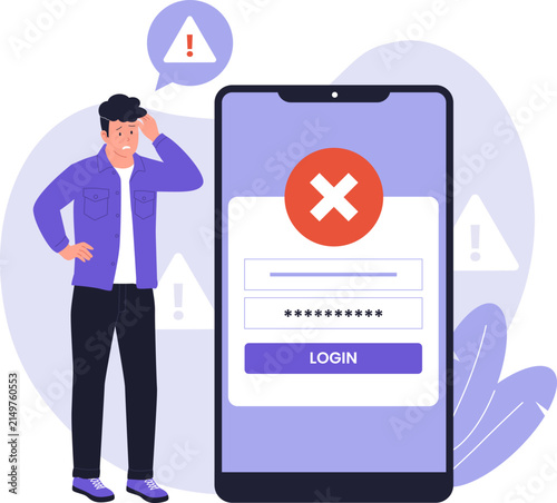 Mobile Smartphone Login Error Access Denied. A confused young man standing next to a smartphone screen displaying an incorrect password red cross icon and login error pop-up