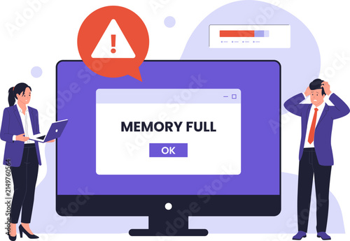 Out of Memory Warning Error Pop Up on Computer. Stressed office workers facing a memory full error pop-up window notification on a desktop monitor in the workspace