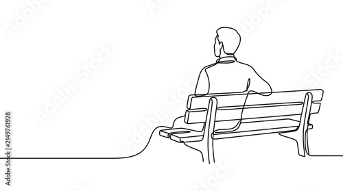 Single continuous line drawing of a man sitting on a park bench looking into the distance