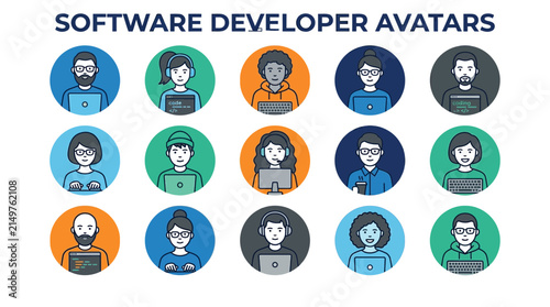 Diverse software developer avatars set for it professionals and programming concepts