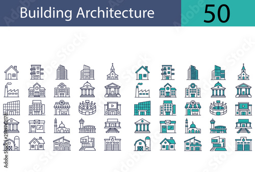 Set of building architecture line icons for urban planning and city construction