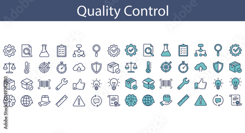 Quality control and industrial standards linear icon set for quality assurance