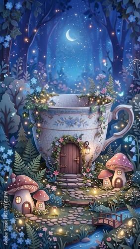 whimsical teacup cozy cottage surrounded by glowing mushrooms and flora