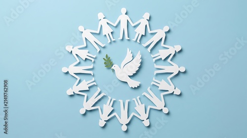 World Peace Day concept with paper people circle and dove