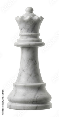 Classic white marble chess queen piece standing tall, featuring smooth polished isolated transparent background image