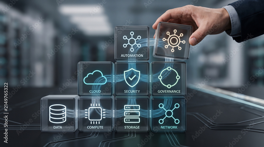 Obraz premium Cloud Infrastructure Architecture with Security, Governance, Data, Compute, Storage, Network and Automation Building Blocks