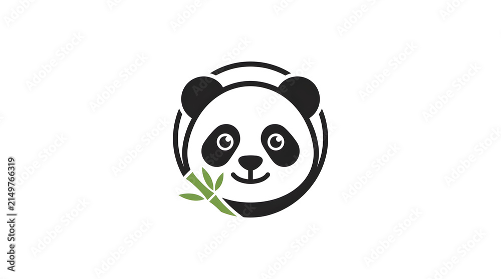 Naklejka premium Minimalist panda head logo design vector illustration inside circular frame with green bamboo leaf, cute giant panda bear mascot emblem isolated on white background for eco brand or children design.
