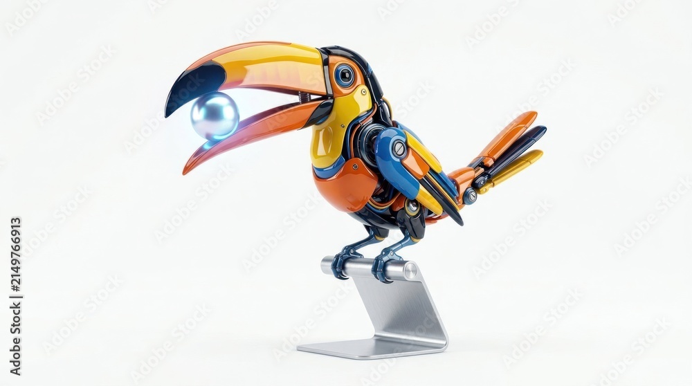 Obraz premium Colorful robotic toucan bird perched on metal stand.