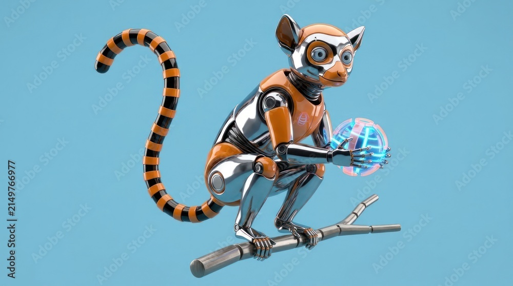 Fototapeta premium Cybernetic lemur sitting on a branch holding a sphere.