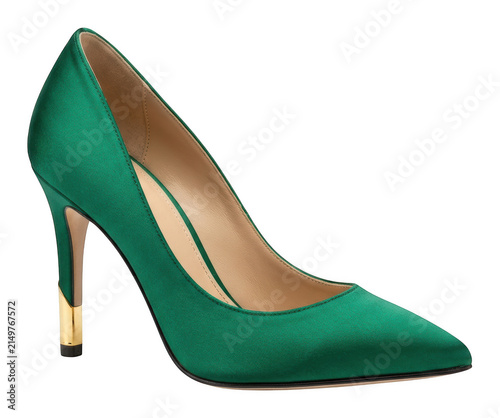 Elegant emerald green satin pointed toe pump with a gold metallic heel isolated transparent background image