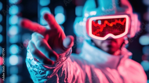 A pilot interacts with a futuristic holographic map featuring vibrant neon overlays in an immersive virtual reality setting